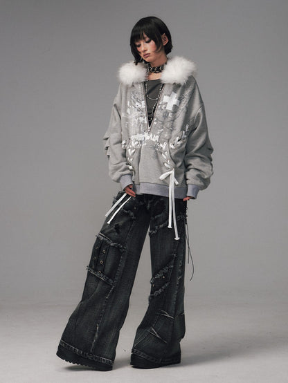 Frustration Garden Gray Printed Tie Detail Detachable Fur Collar Half Zip Women&