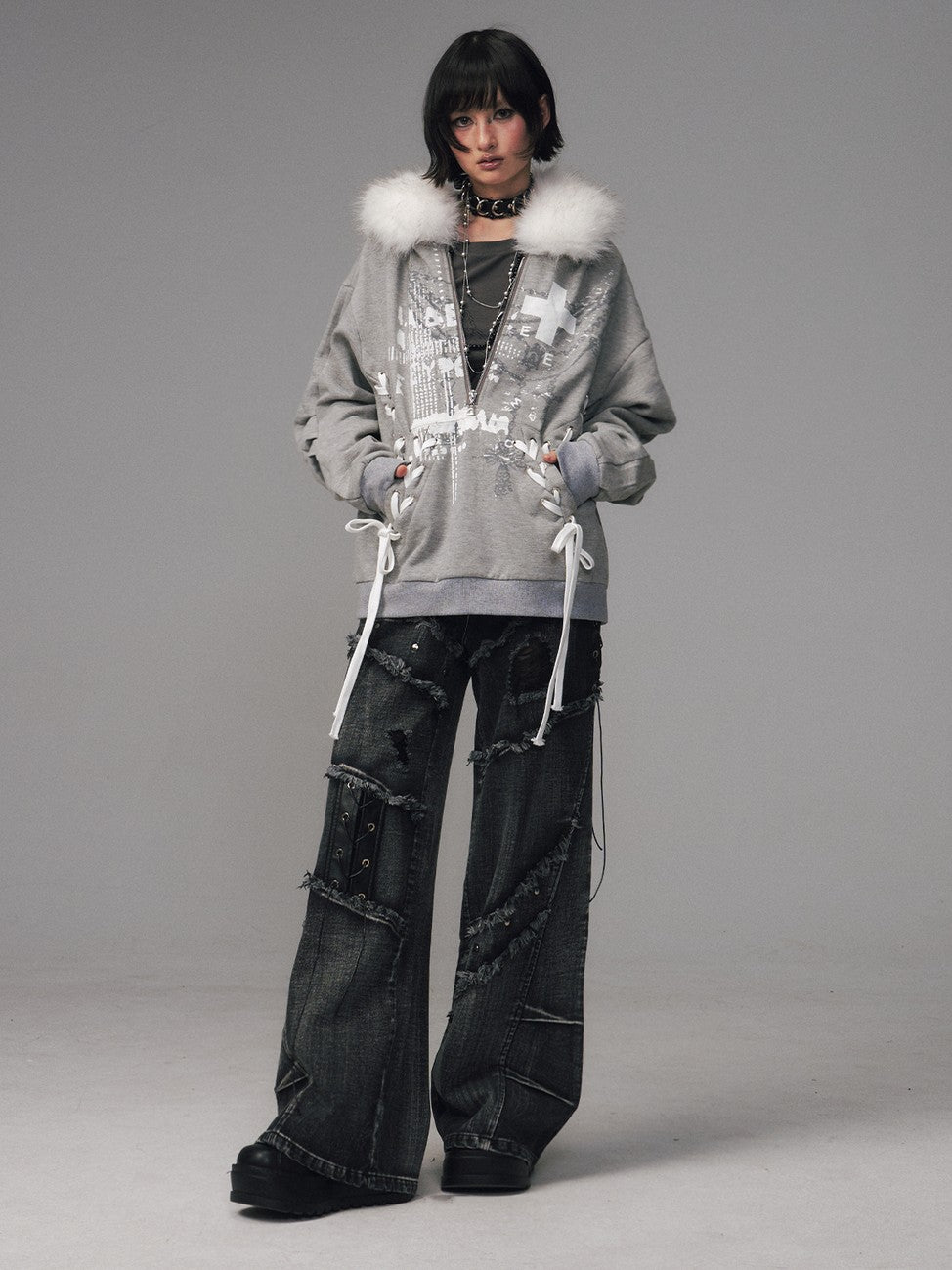 Frustration Garden Gray Printed Tie Detail Detachable Fur Collar Half Zip Women&