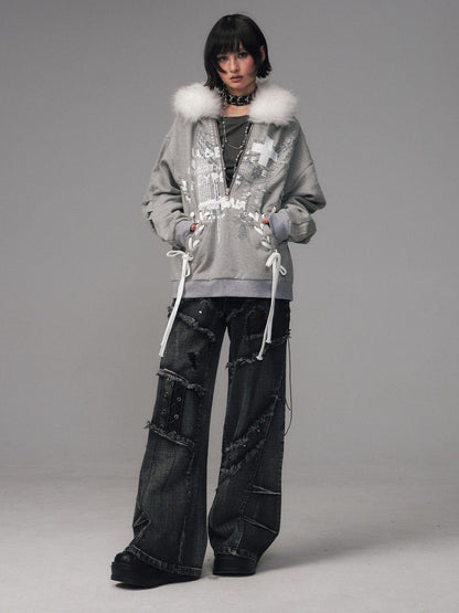 Frustration Garden Gray Printed Tie Detail Detachable Fur Collar Half Zip Women&