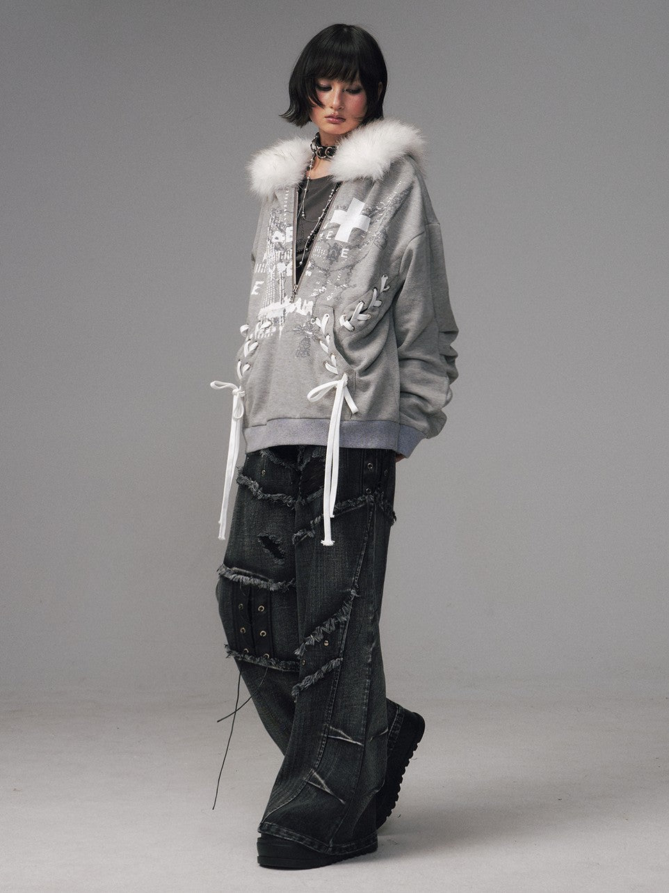 Frustration Garden Gray Printed Tie Detail Detachable Fur Collar Half Zip Women&