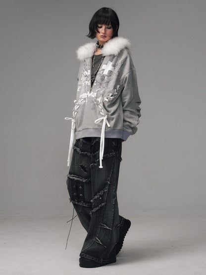 Frustration Garden Gray Printed Tie Detail Detachable Fur Collar Half Zip Women&