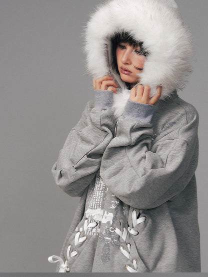Frustration Garden Gray Printed Tie Detail Detachable Fur Collar Half Zip Women&