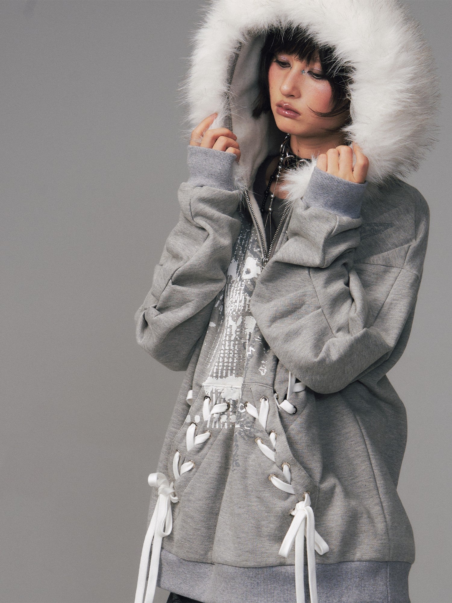 Frustration Garden Gray Printed Tie Detail Detachable Fur Collar Half Zip Women&