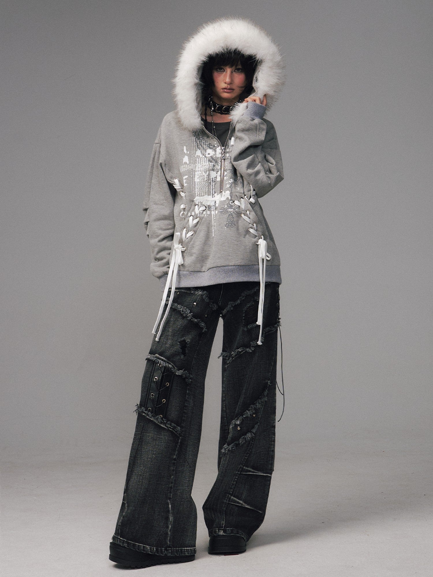 Frustration Garden Gray Printed Tie Detail Detachable Fur Collar Half Zip Women&