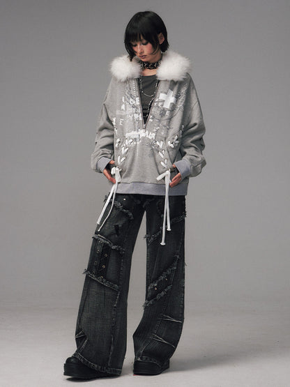 Frustration Garden Gray Printed Tie Detail Detachable Fur Collar Half Zip Women&