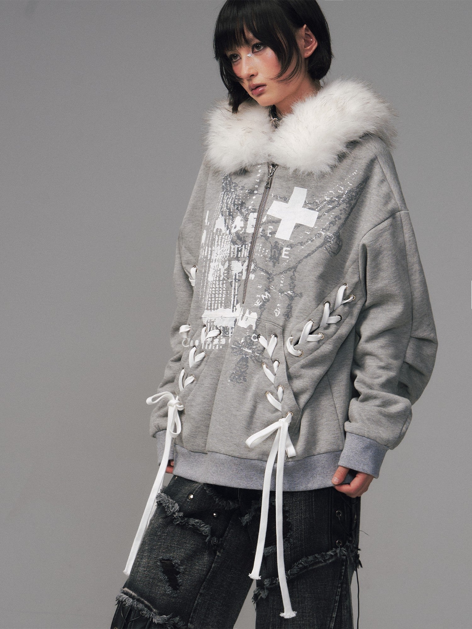 Frustration Garden Gray Printed Tie Detail Detachable Fur Collar Half Zip Women&