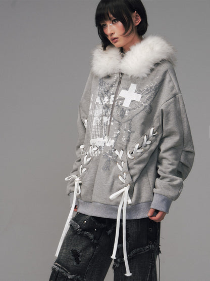 Frustration Garden Gray Printed Tie Detail Detachable Fur Collar Half Zip Women&