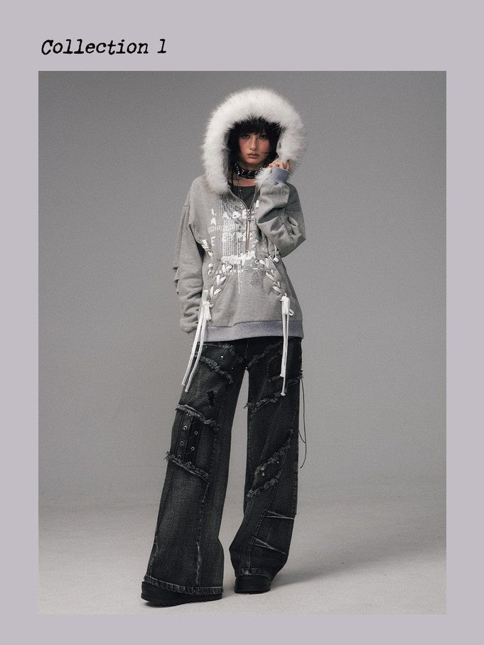 Frustration Garden Gray Printed Tie Detail Detachable Fur Collar Half Zip Women&