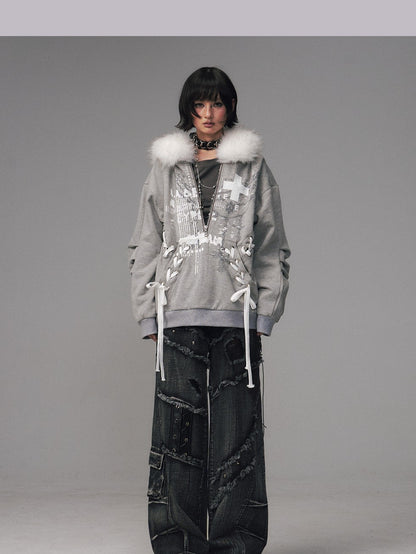 Frustration Garden Gray Printed Tie Detail Detachable Fur Collar Half Zip Women&