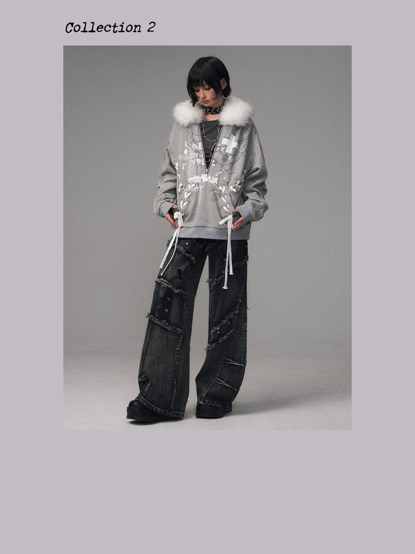 Frustration Garden Gray Printed Tie Detail Detachable Fur Collar Half Zip Women&