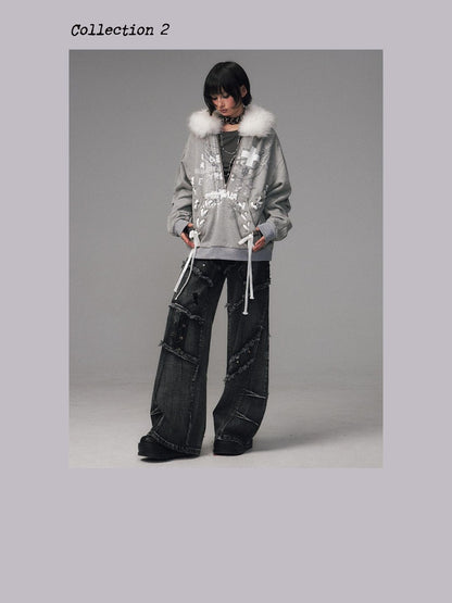 Frustration Garden Gray Printed Tie Detail Detachable Fur Collar Half Zip Women&