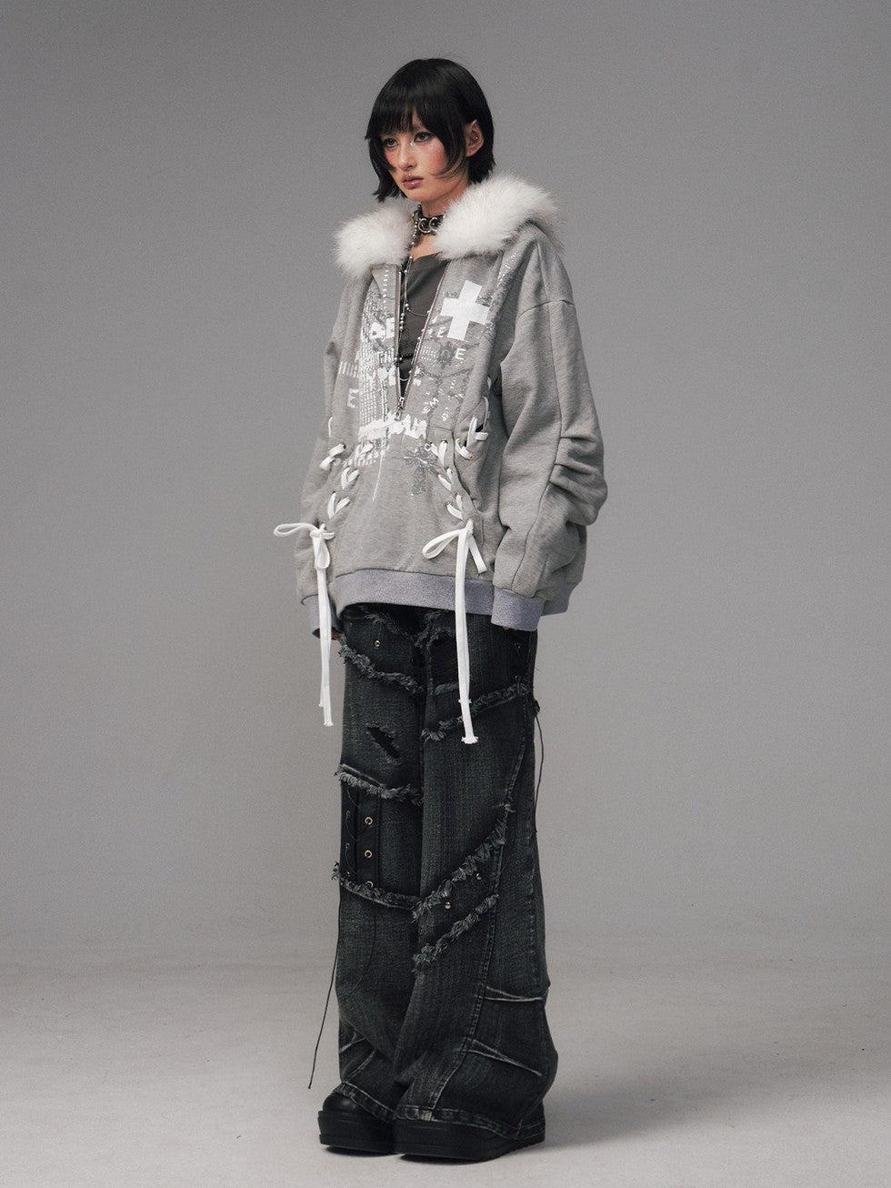 Frustration Garden Gray Printed Tie Detail Detachable Fur Collar Half Zip Women&