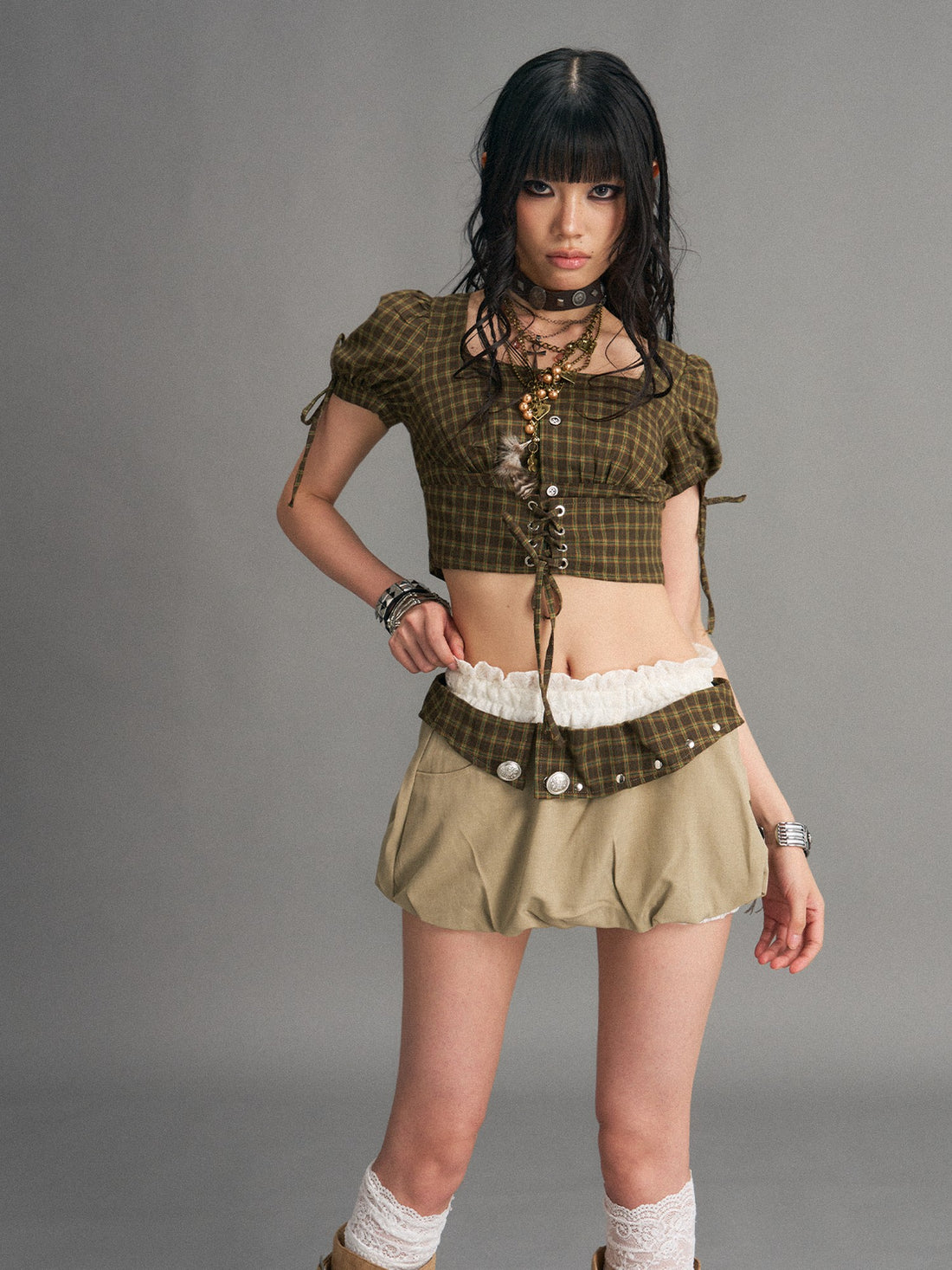 Frustration Garden Lace Plaid Color Block Patchwork Low Waist Bubble Women&