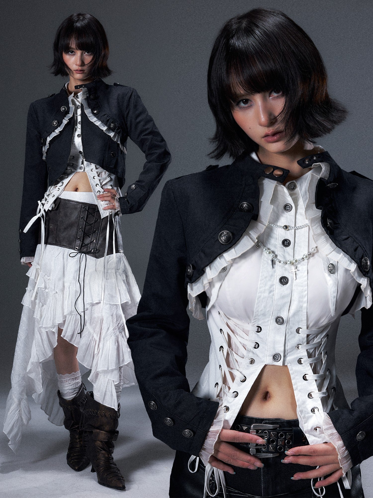 Frustration Garden Lace Ruffle Metal Buttons Detachable Slim Women&