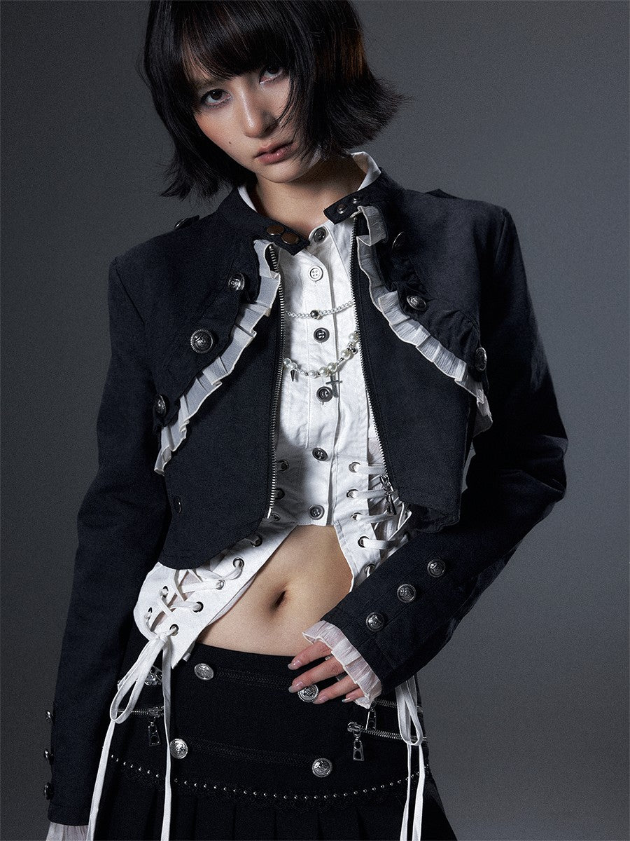 Frustration Garden Lace Ruffle Metal Buttons Detachable Slim Women&