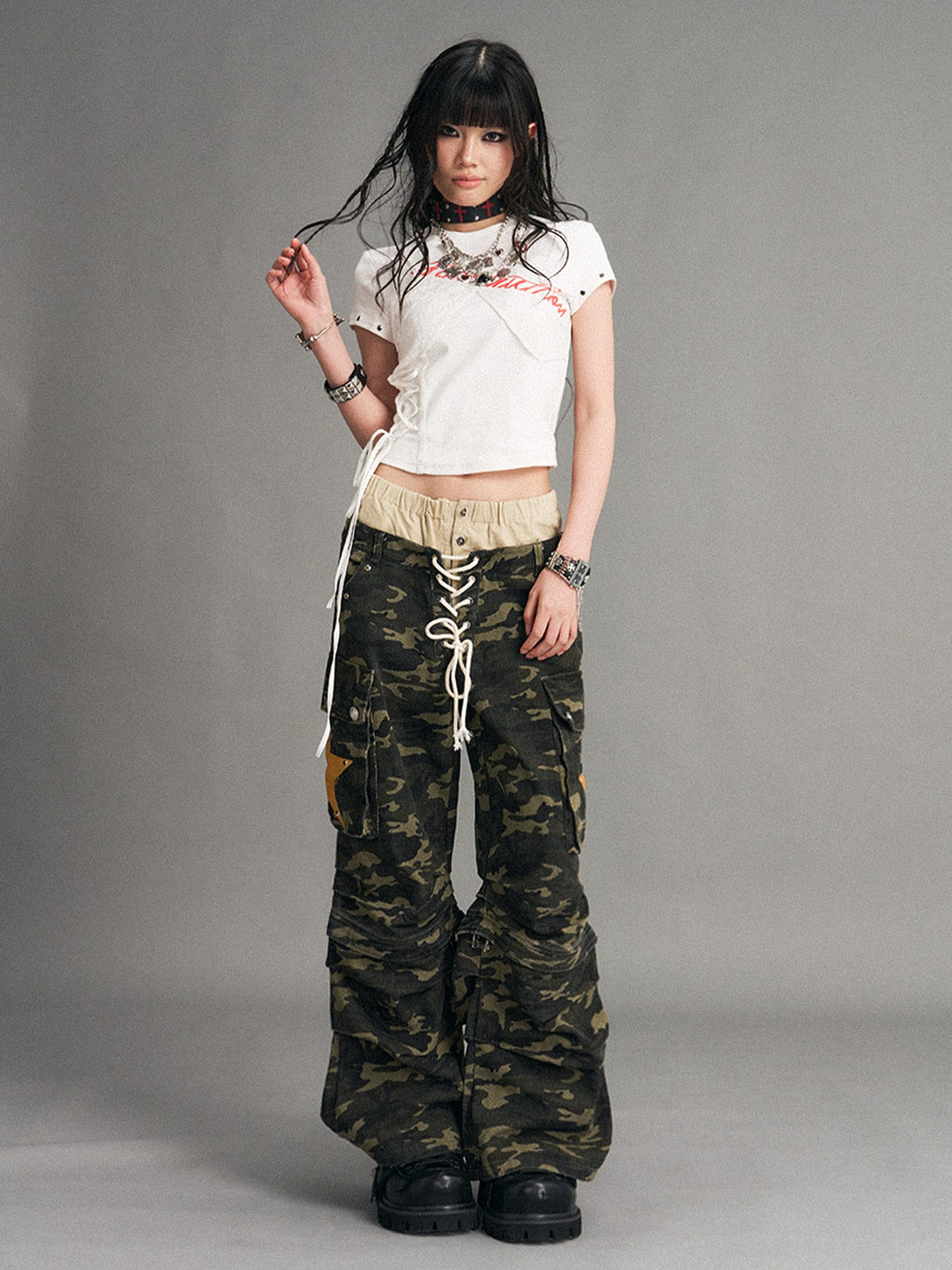 Frustration Garden Lace Tie Print Punk Street Short Sleeve Women&