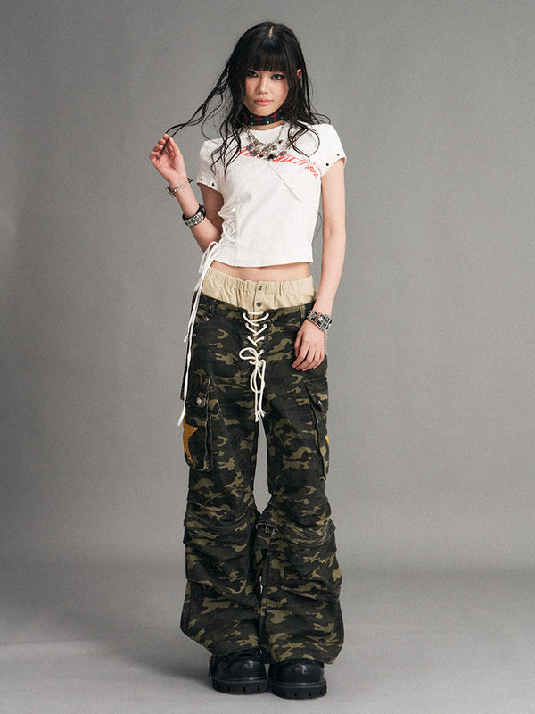 Lace Tie Print Punk Street Short Sleeve Women's White Crop Tops