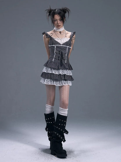Frustration Garden Lace Trim Punk Corset Tiered Mini Dress
