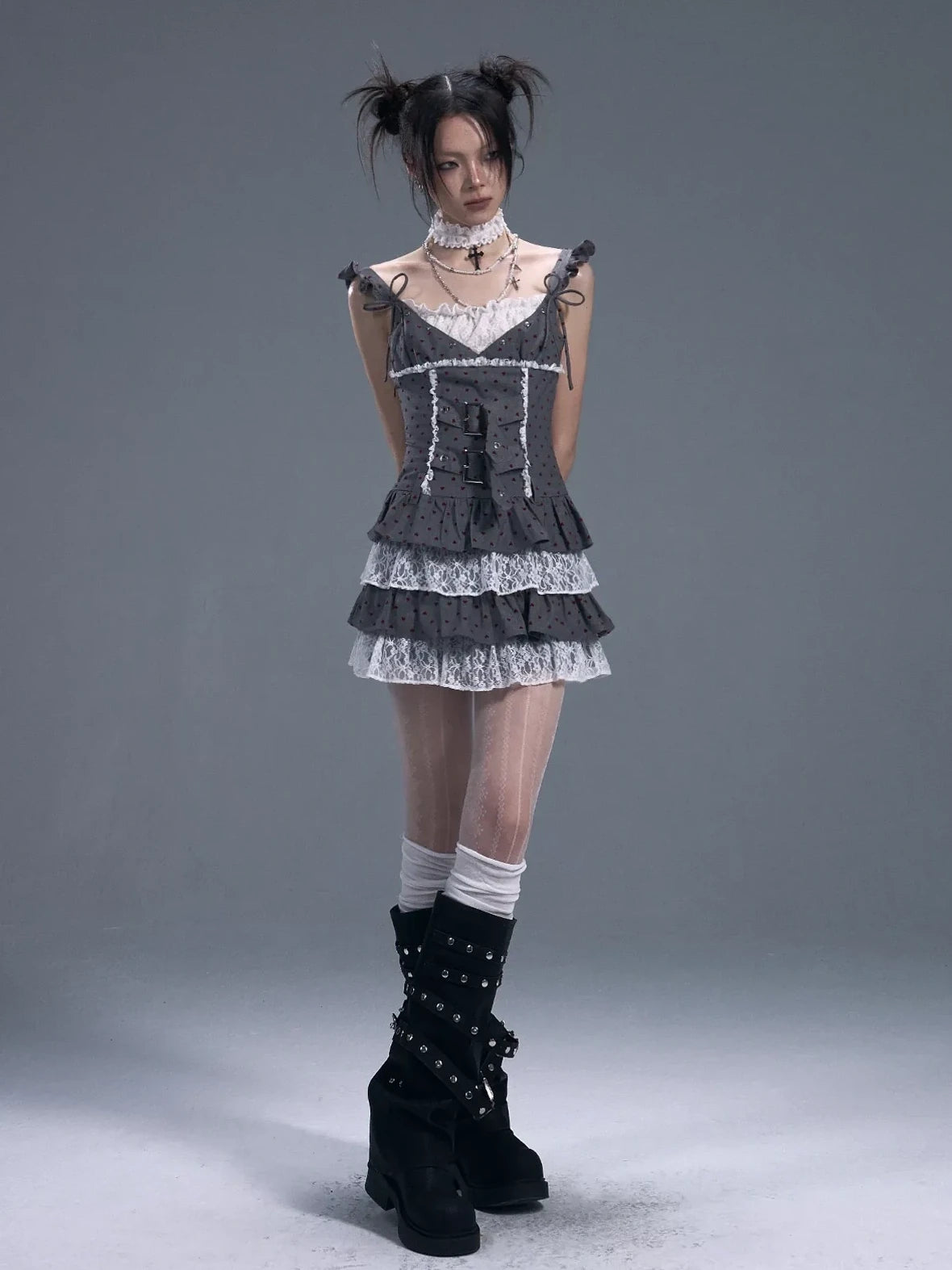 Frustration Garden Lace Trim Punk Corset Tiered Mini Dress