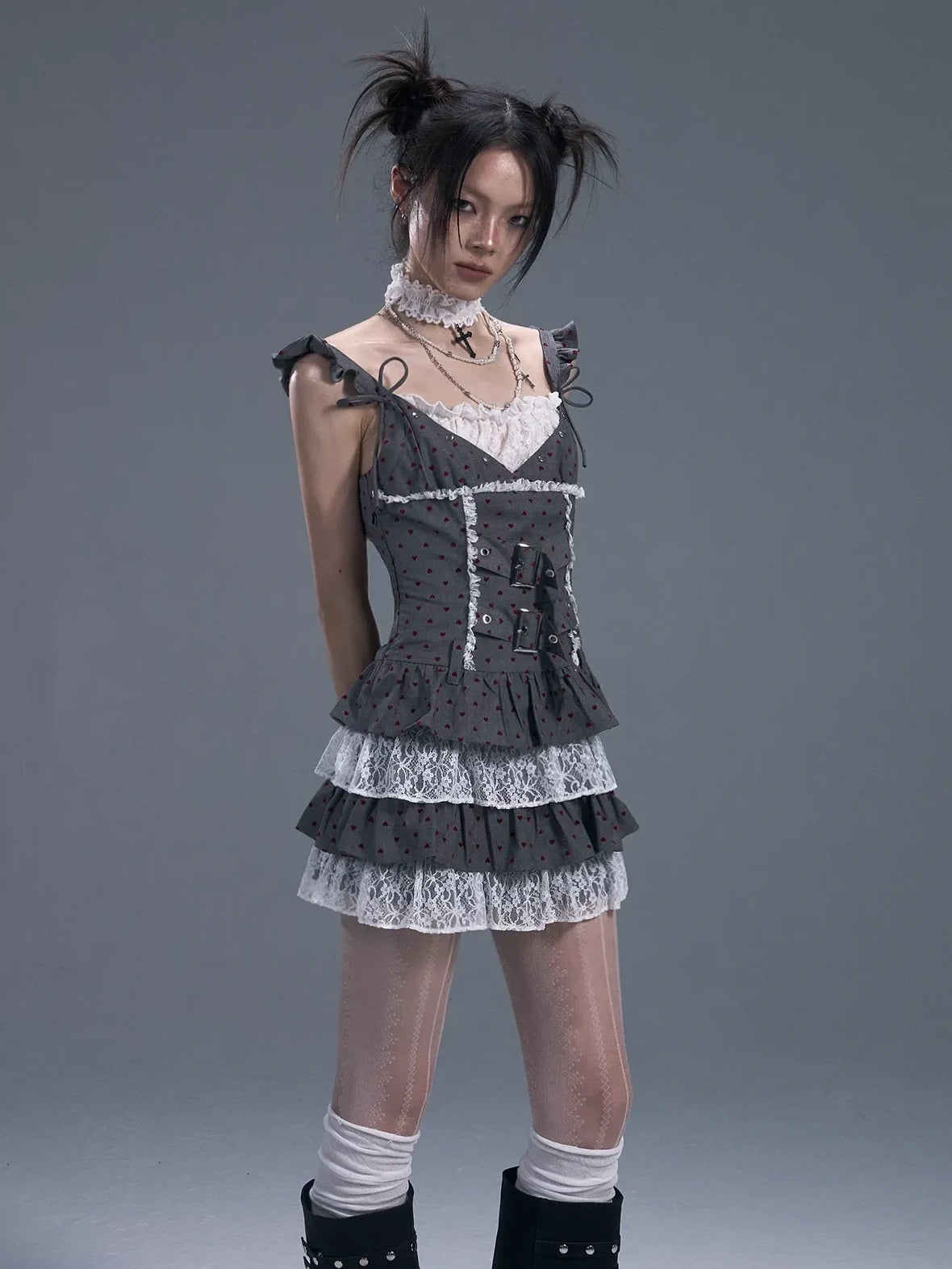 Frustration Garden Lace Trim Punk Corset Tiered Mini Dress