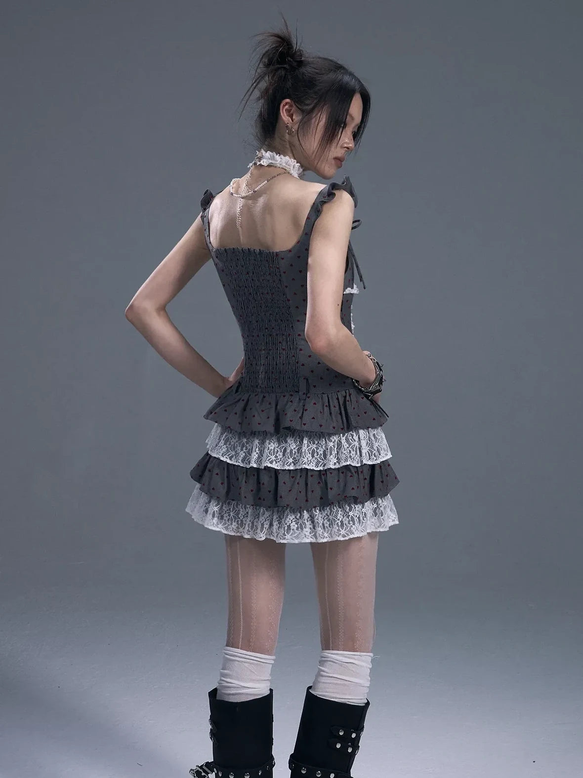 Frustration Garden Lace Trim Punk Corset Tiered Mini Dress