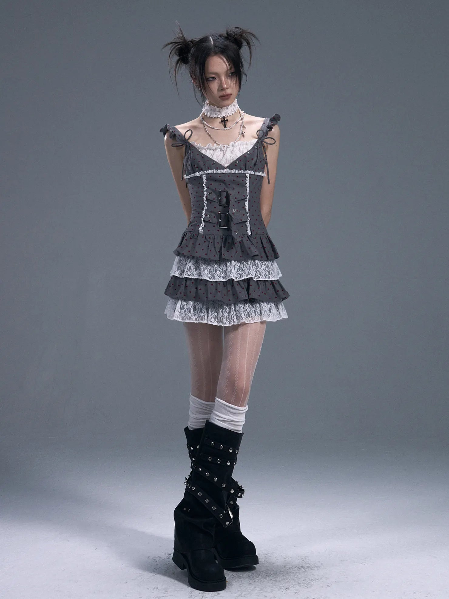 Frustration Garden Lace Trim Punk Corset Tiered Mini Dress