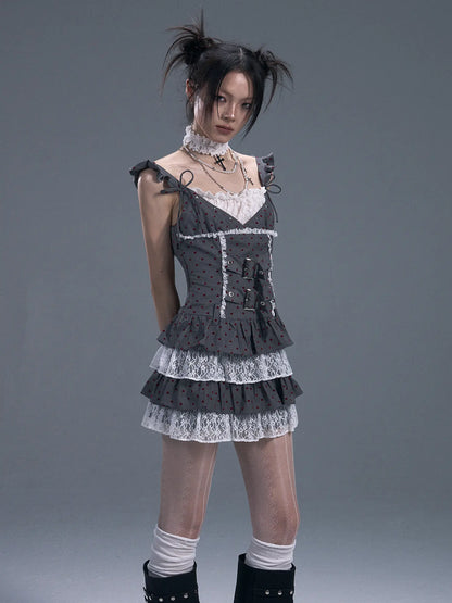Frustration Garden Lace Trim Punk Corset Tiered Mini Dress