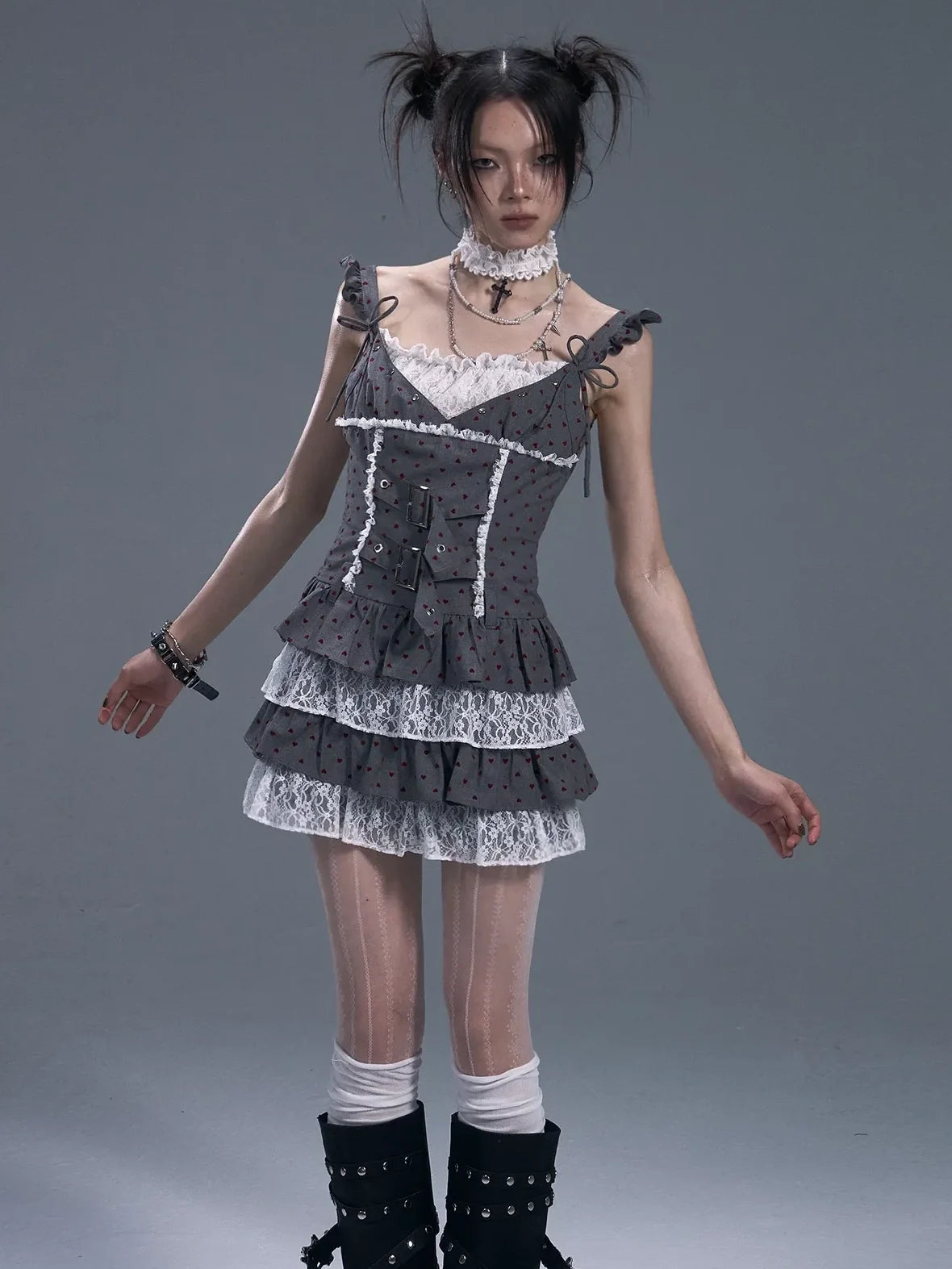 Frustration Garden Lace Trim Punk Corset Tiered Mini Dress