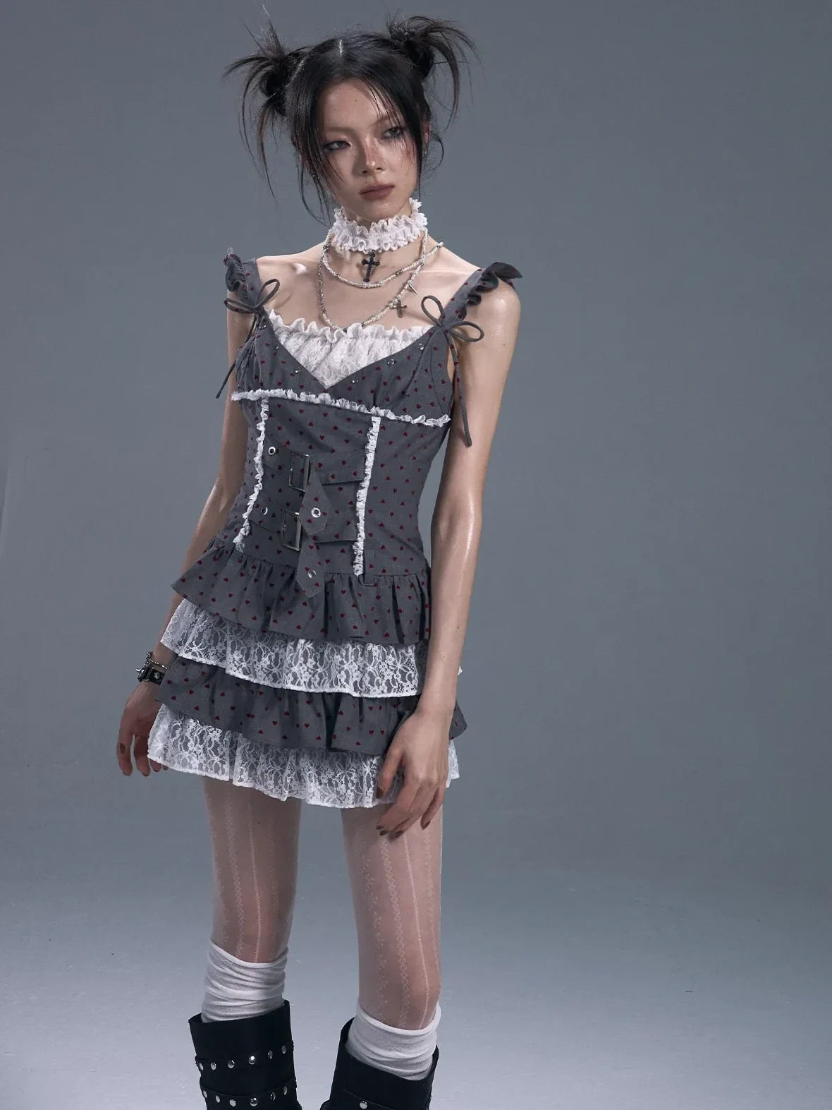 Frustration Garden Lace Trim Punk Corset Tiered Mini Dress