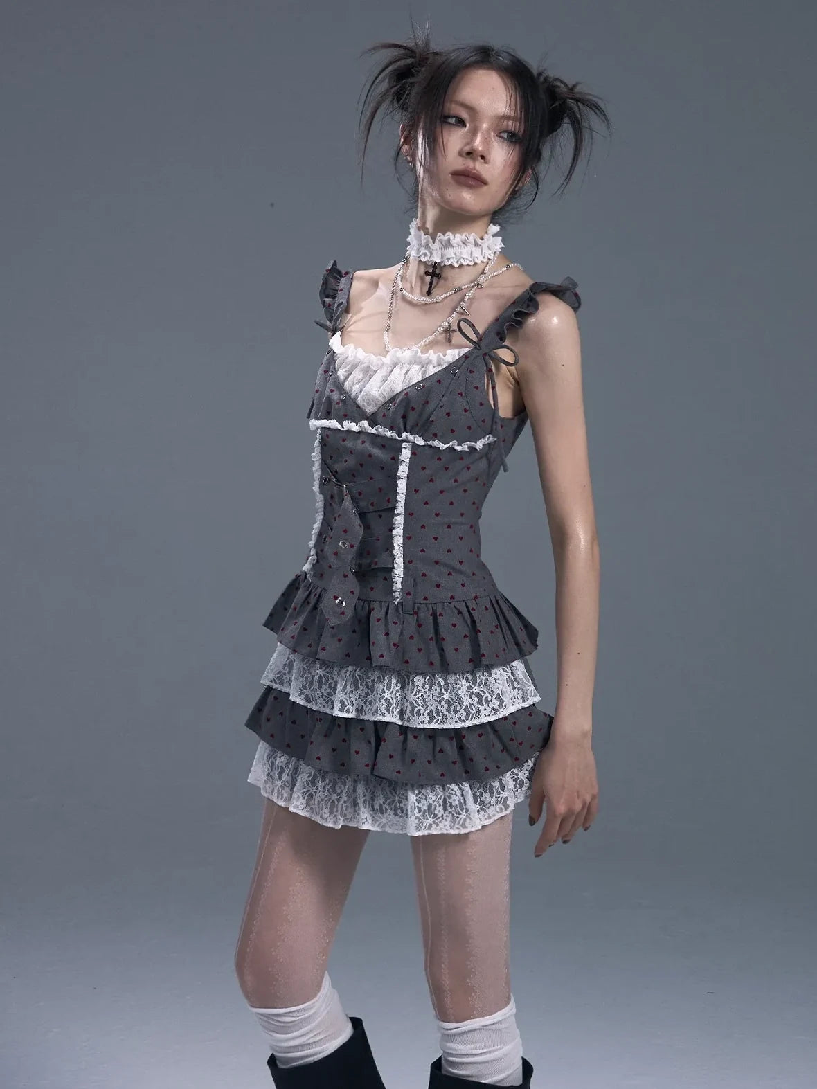 Frustration Garden Lace Trim Punk Corset Tiered Mini Dress