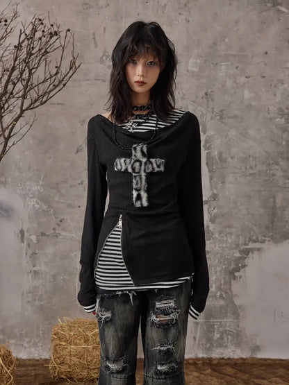 Frustration Garden Leopard Print Cross Knit V-neck T-shirt Long Sleeve