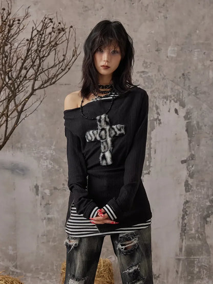 Frustration Garden Leopard Print Cross Knit V-neck T-shirt Long Sleeve