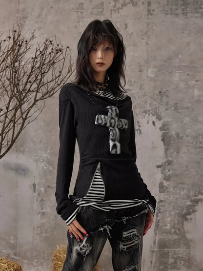 Frustration Garden Leopard Print Cross Knit V-neck T-shirt Long Sleeve