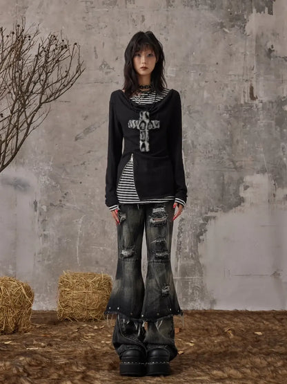 Frustration Garden Leopard Print Cross Knit V-neck T-shirt Long Sleeve