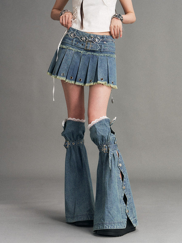 Light Flared Lace Trim Punk Women's Pure Cotton Denim Leg Warmers