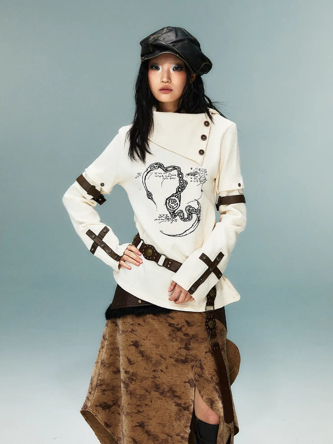 Frustration Garden Light Punk Retro Collar Detachable Sleeve Print Knit Top