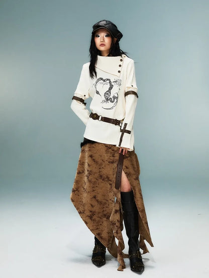 Frustration Garden Light Punk Retro Collar Detachable Sleeve Print Knit Top