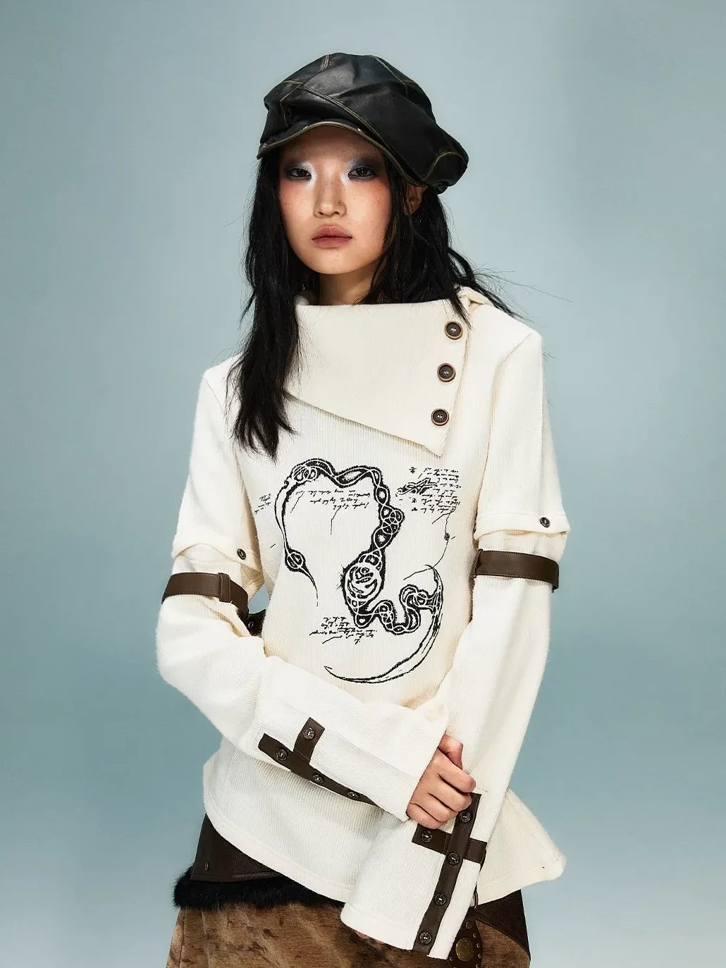 Frustration Garden Light Punk Retro Collar Detachable Sleeve Print Knit Top