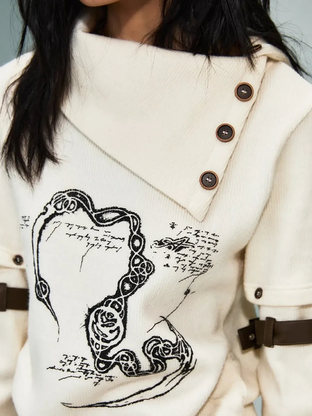 Frustration Garden Light Punk Retro Collar Detachable Sleeve Print Knit Top