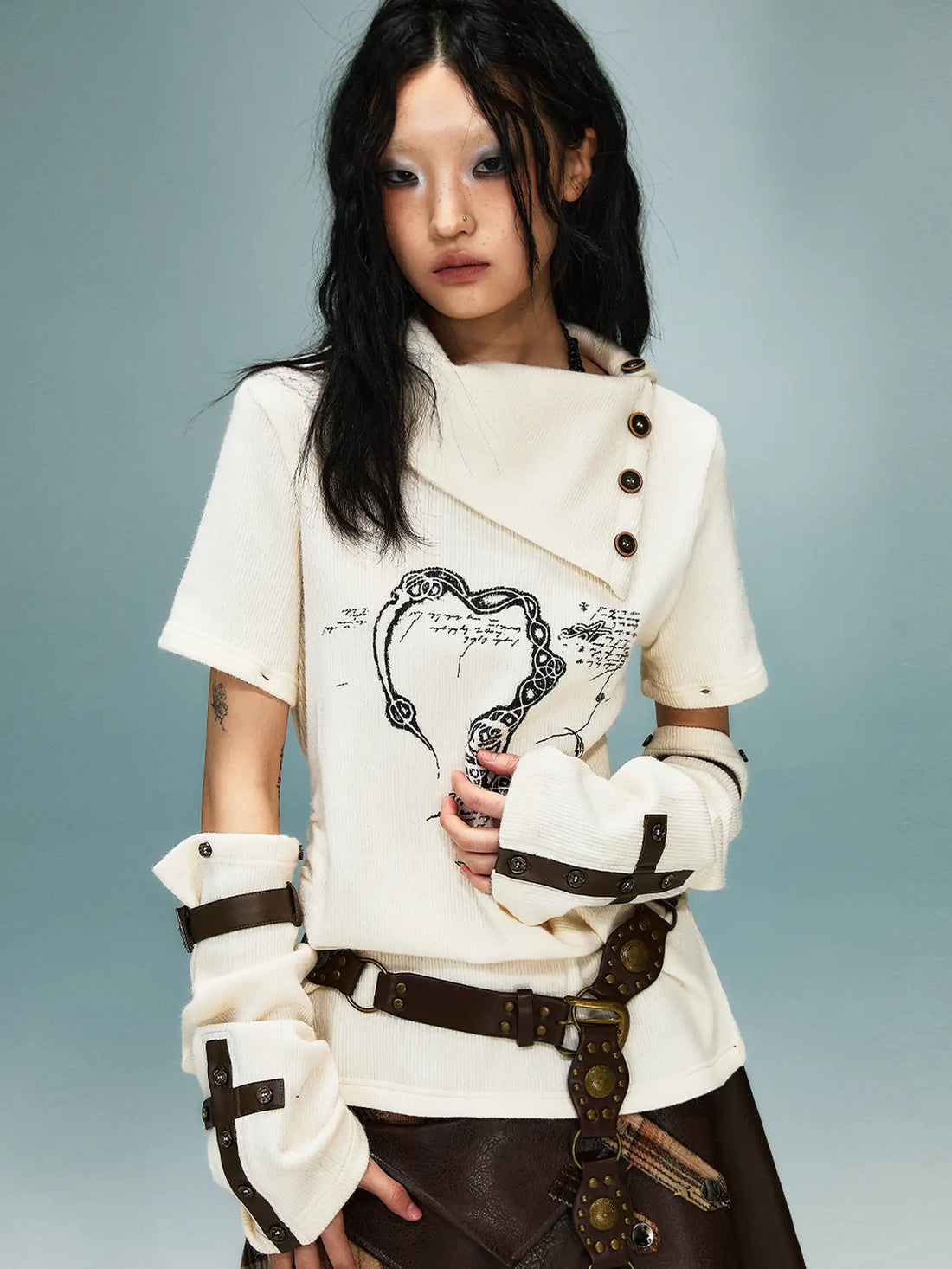 Frustration Garden Light Punk Retro Collar Detachable Sleeve Print Knit Top