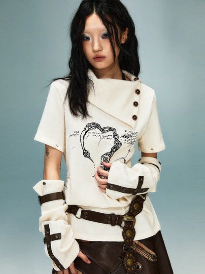 Frustration Garden Light Punk Retro Collar Detachable Sleeve Print Knit Top