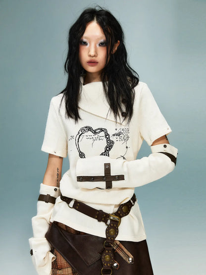 Frustration Garden Light Punk Retro Collar Detachable Sleeve Print Knit Top