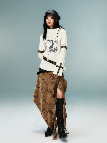 Frustration Garden Light Punk Retro Collar Detachable Sleeve Print Knit Top