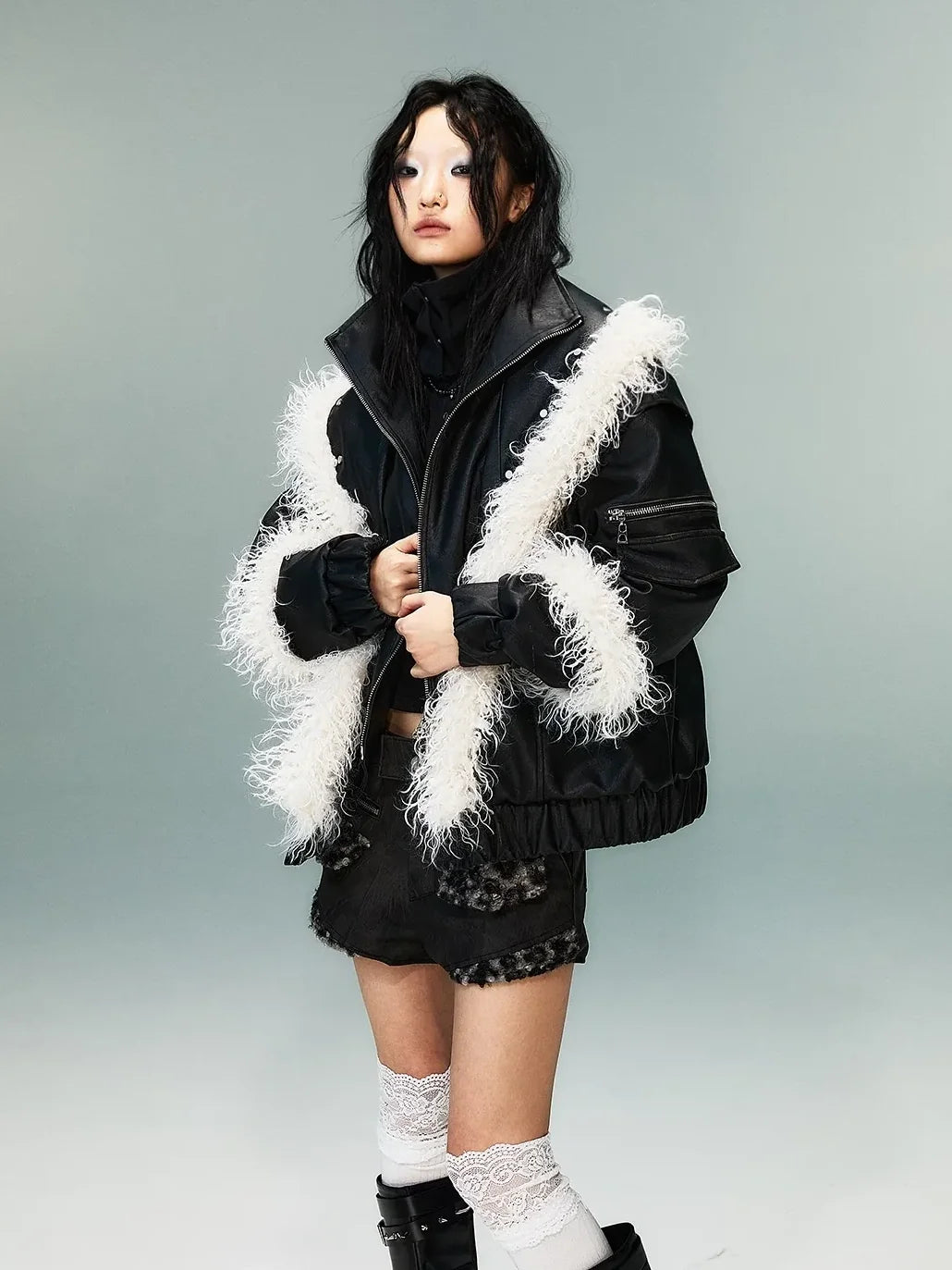 Frustration Garden Light Punk Retro Two Tone Quilted Pu Jacket