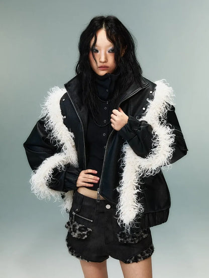 Frustration Garden Light Punk Retro Two Tone Quilted Pu Jacket