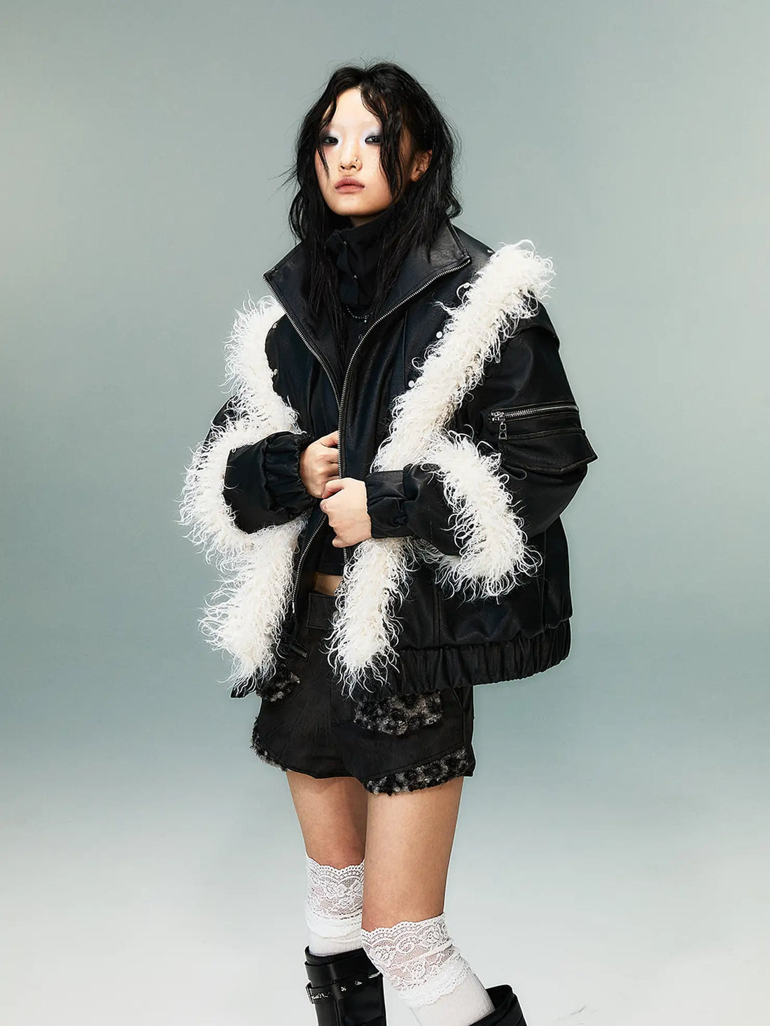 Frustration Garden Light Punk Retro Two Tone Quilted Pu Jacket