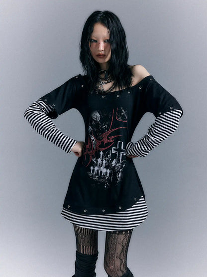 Frustration Garden Light Punk Stripe Print Fitted V-neck T-shirt Long-Sleeve Dress