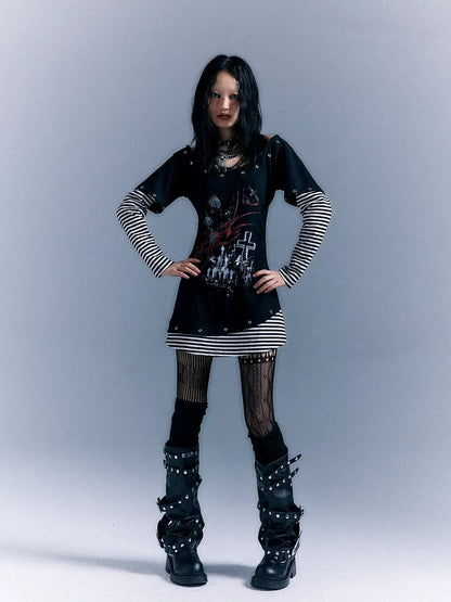 Frustration Garden Light Punk Stripe Print Fitted V-neck T-shirt Long-Sleeve Dress