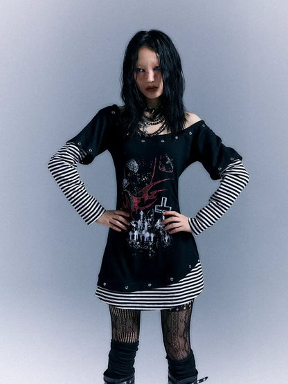 Frustration Garden Light Punk Stripe Print Fitted V-neck T-shirt Long-Sleeve Dress