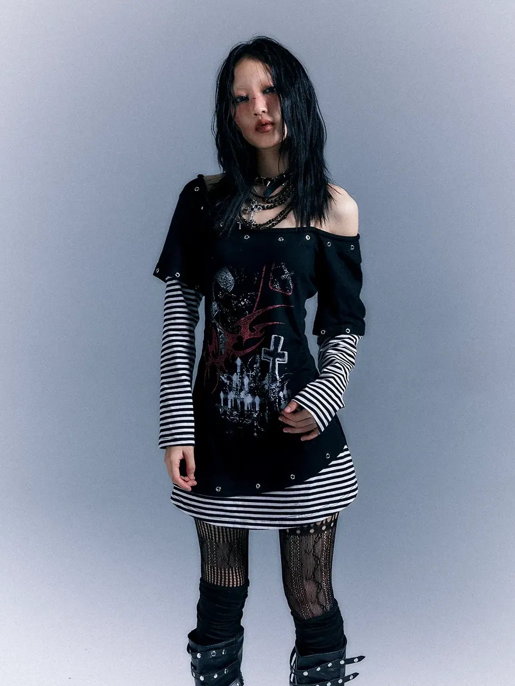 Frustration Garden Light Punk Stripe Print Fitted V-neck T-shirt Long-Sleeve Dress